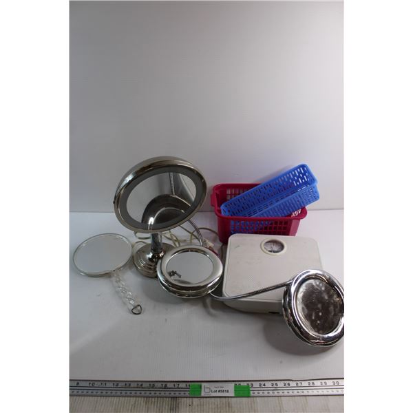 (4) Assorted Make Up Mirrors, Scale and (2) Baskets - As Is
