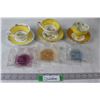 Image 1 : China (3) Teacups With Trays, (3) Coloured Glass Candy Dishes
