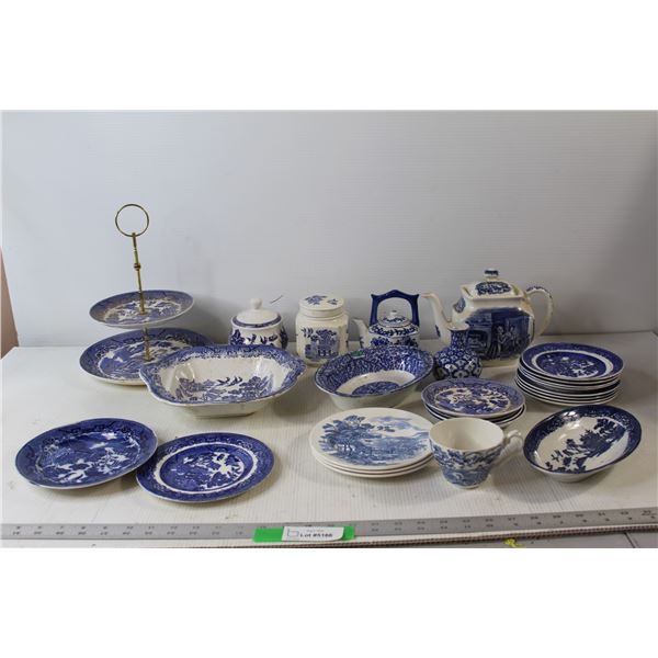 China Blue Glass Old Willow Superior Fancy Dishes - 2 Tier Tray Stand, (17) Assorted Trays and Plate
