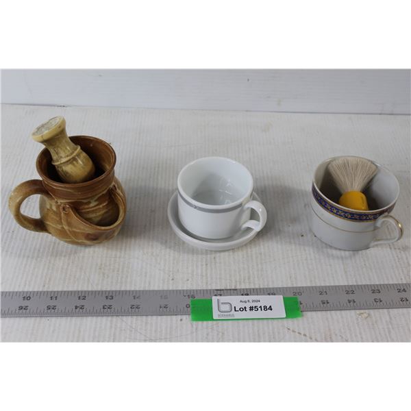 (3) Vintage Shaving Mugs, (2) Brushes