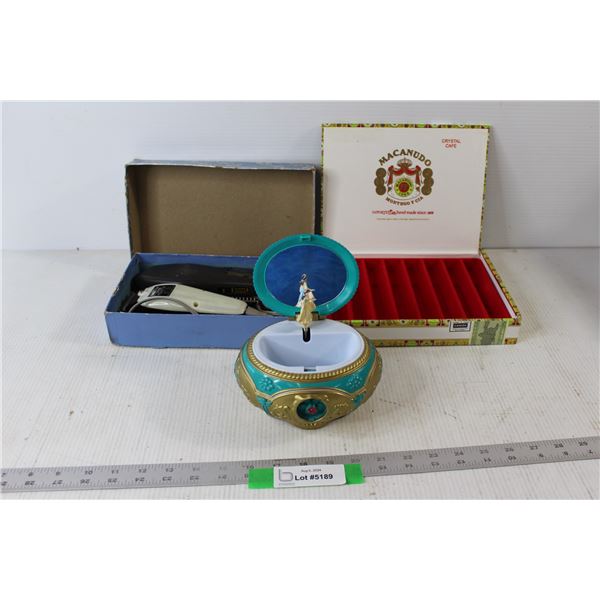 Music box, (2) Shavers, Empty Macanudo Cigar Box