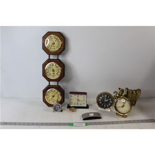 (4) Clocks, Horse Carriage Statue, (2) Thermometers, Springfield Stacked Humidity Checker/Barometer/