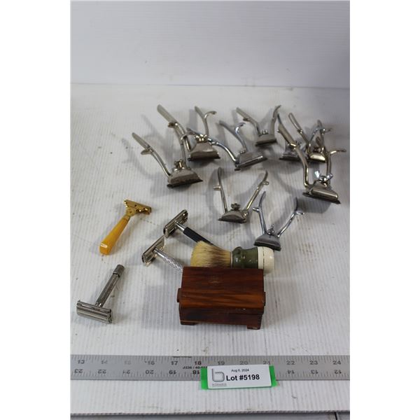 (9) Vintage Hair Clipper, (4) Razors, Shaving Brush, Mini Wooden Box