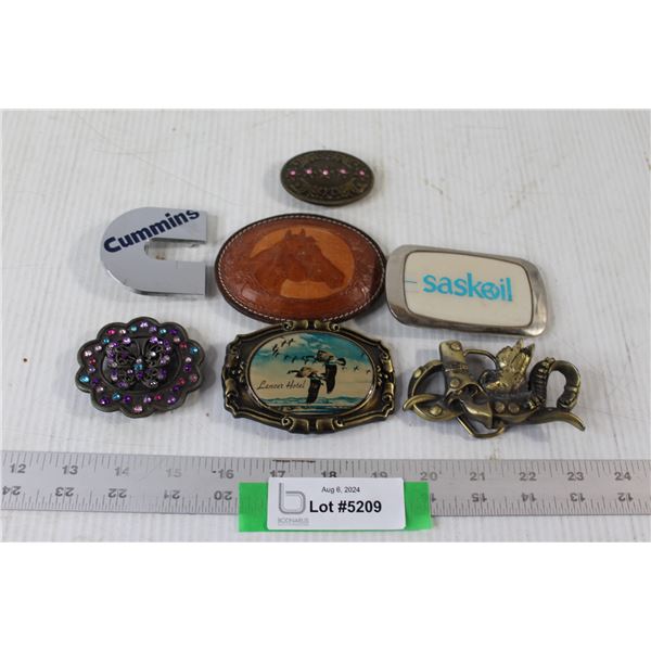(7) Belt Buckles - Horse, saskoil, Cummins