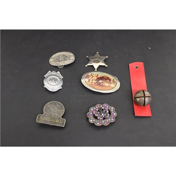 (4) Belt Buckles, Bell, (2) Pins