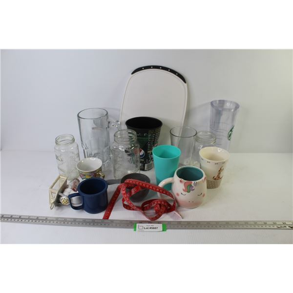 Assortment of Cups & Glasses - Cloth Measuring Tape - Cutting Board