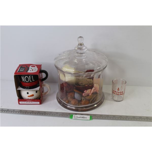 Snow Man Cup Set (NIB) - Anchor Hocking Measuring Cup - Glass Container w/Lid - Scented Items