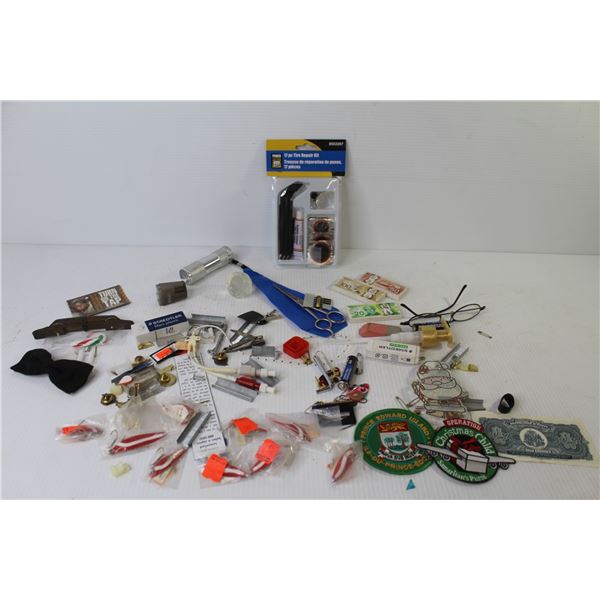 Tire Repair Kit - Money Erasers - Scissors - (7) Spoon Fish Hooks - Misc. Items