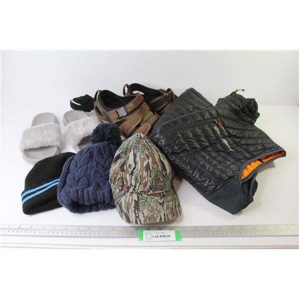 Coleman Sandals (looks like size 13) - Kauai Slippers (size 10) - (2) Toques - Camo Hat - Eddie Baue