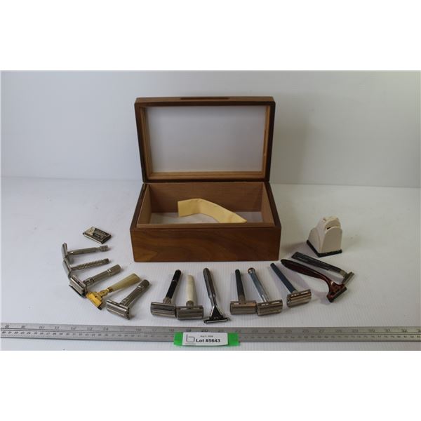 Ceramic Razor Blade Eater - Wooden Box - (13) Vintage Razors