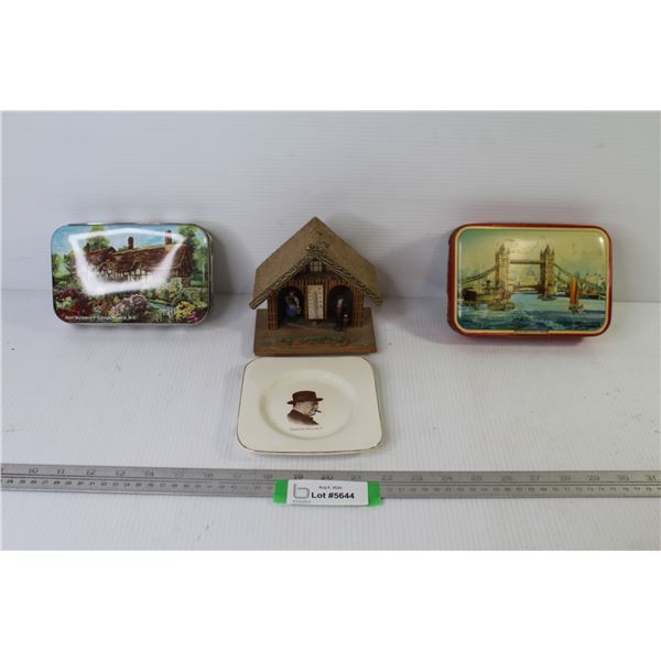 Winston Churchill Dish - (2) Vintage Tins - Wooden Building Thermometer