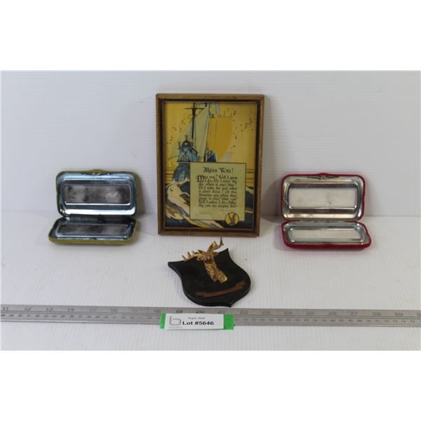 (2) Vintage Hand Warmer Cases - Framed "Miss you" Saying - Plaque w/Elk Head