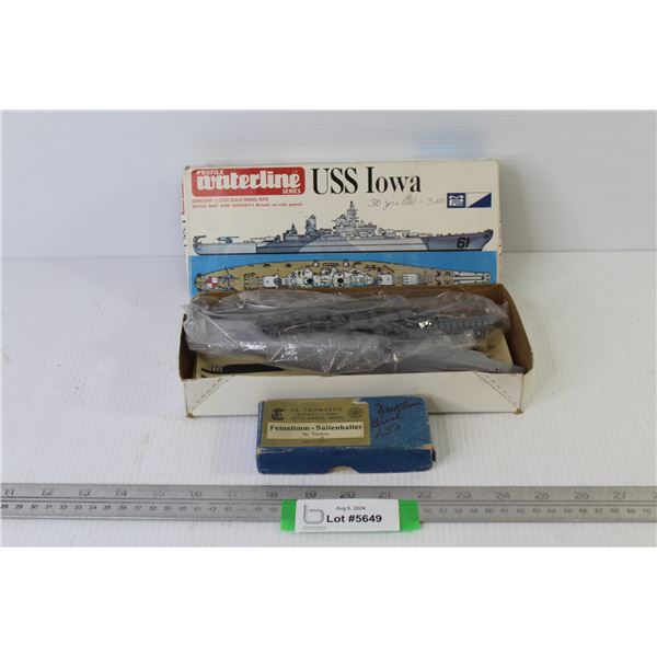 Vintage Water Line Series USS Iowa Model Ship in Box & Feistimm-Saitenhalter (empty box)