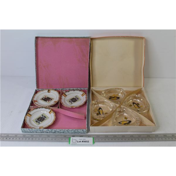 (4) Glass Curling Ashtrays - (3) Ceramic Playing Card Ashtrays - One Missing
