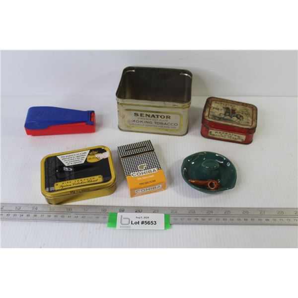 Ceramic Hat Ashtray - Repeater Tabacco Tin - Senator Tabacco Tin (no lid) - Mar-cor Cigarette Tube R