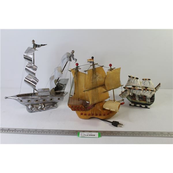 Ceramic Sailboat Vase (chipping)- Metal Sailboat (loose parts) - Wooden Shoe Sailboat Light (working