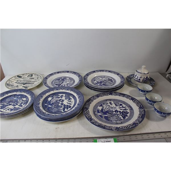 (13) Blue Willow China Plates, (3) Teacups, Jar with Tray