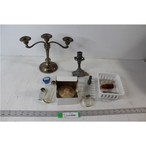 (8) Glass Vials/Small Bottles, (2) Candle Holders, Jade Container
