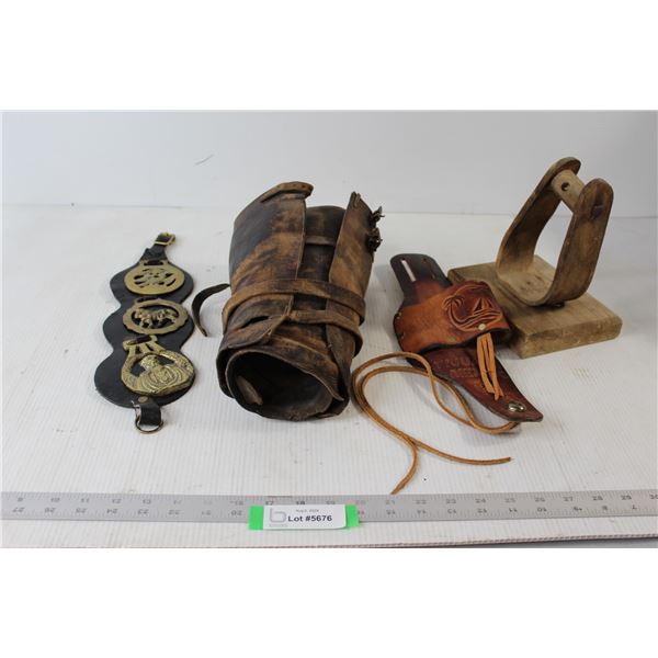 Wood Stirrup, Tijuana Mexico Gun Holster, Leather Horse Breast Straps, WWI Cavalry Leather Leggings