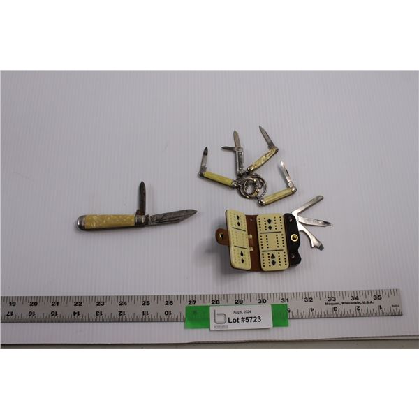 Vintage Pocket Knife, (4) Vintage Key Chain Knives & Vintage Pocket Cribbage Board/Multi tool