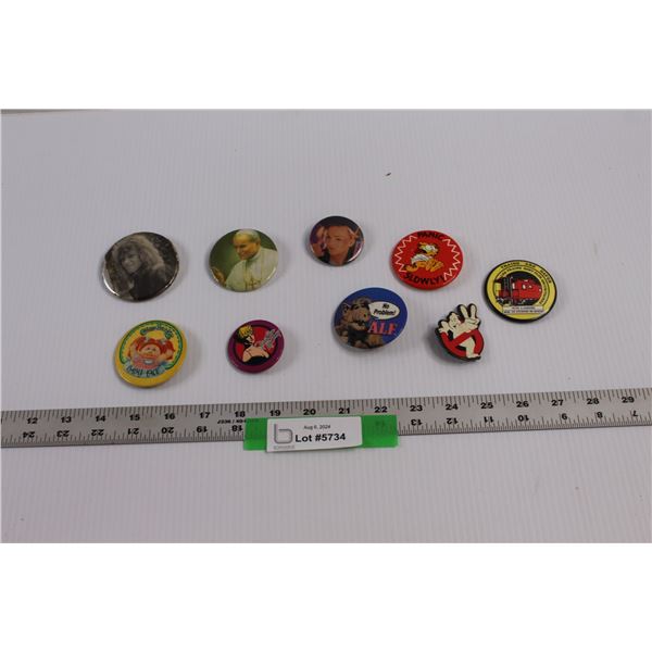 Various Button Pins - Cabbage Patch Kids, ALF, Ghost Busters, Garfield , Bon Jovi etc..