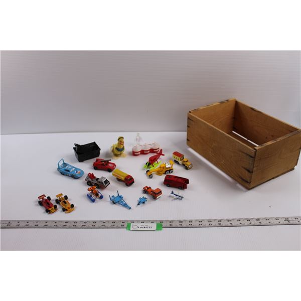 Various Kids Toys of Varying Condition (Hot Wheels, Corgi Junior), Vintage Plastic Duck & Wooden Cra