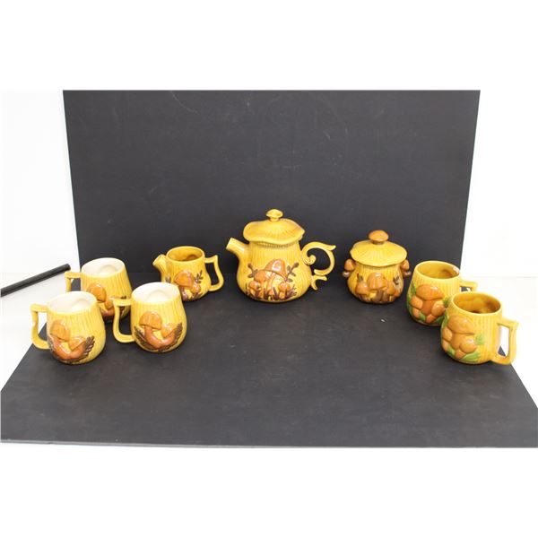 Vintage 1970's Mushroom Inspired Tea Set - Some Chipping - Two Types of Cups