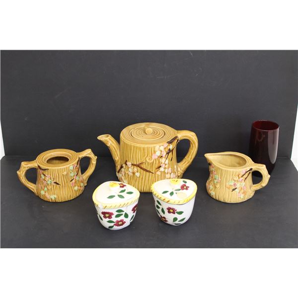 Tree Stump Inspired Tea Set (Tea Pot, Cream Pitcher & Sugar Dish) Some Crazing,  Red Glass & Hand Pa
