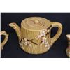 Image 4 : Tree Stump Inspired Tea Set (Tea Pot, Cream Pitcher & Sugar Dish) Some Crazing,  Red Glass & Hand Pa