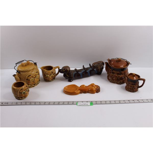 Vintage Ceramic Tea Sets (Ben Franklin & Grandma), Artmark Weiner Dog Tea Pot & Mushroom Spoon Rest