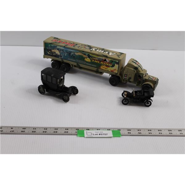 (2) Vintage Toy 1915 Ford Model T's (Corgi Classic, Gowland & Gowland)& Army Force Semi