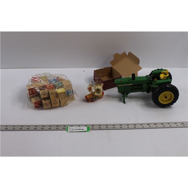 Vintage Wooden Blocks, John Deere 4020 Diesel Tractor (As is Condition) & Dutch Clog Ship