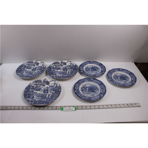 (8 pcs) English Dishware - "The Hunter" by Myott & "Liberty Blue" by Valley Forge (Some Chips)