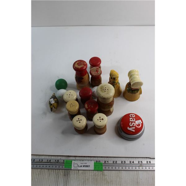 (10) Assorted Salt & Pepper Shakers, Push Button, (3) Golf Balls and (2) Bells