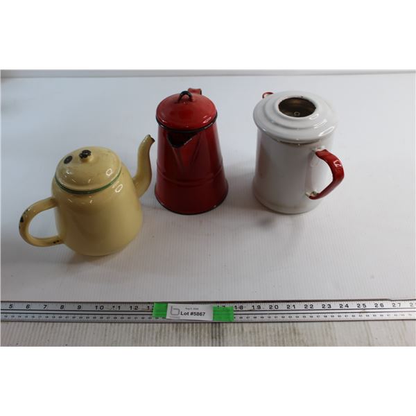 (2) Enamel Coffee Pots and (1) Tea Pot