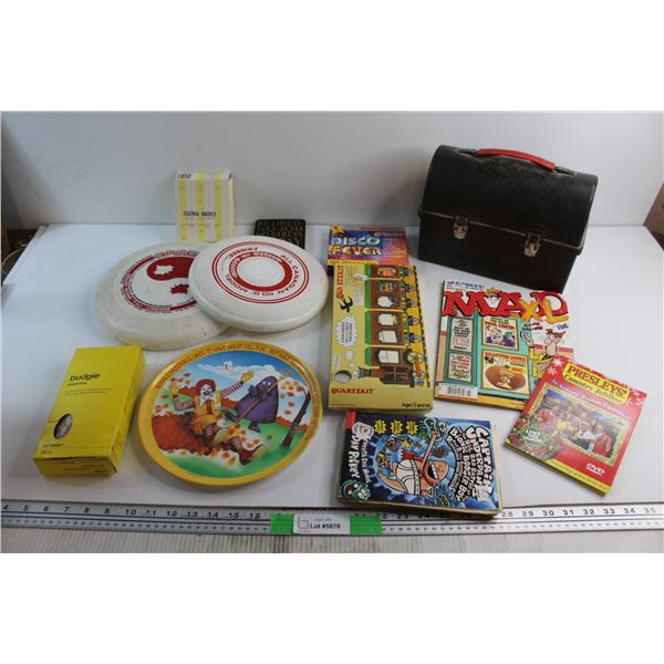Kids Books, McDonalds Plate, (2) Frisbees and Misc.