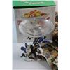 Image 2 : Glass Candy Dish Poly Resin Blue Jay Stand and (3) Assorted Dresser Cloths