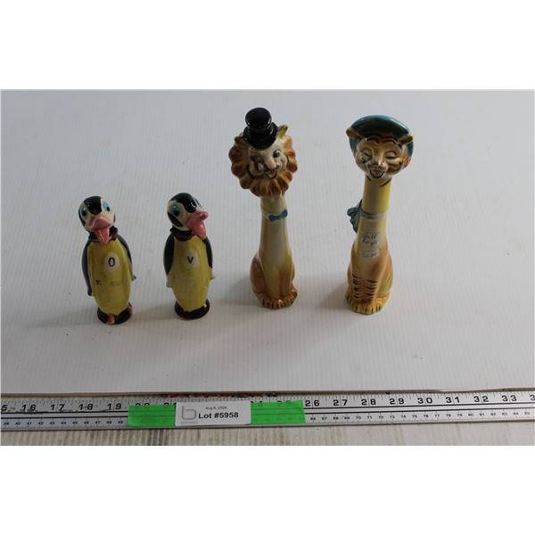 Penguin Oil and Vinegar Bottles with Lion Salt & Pepper Shakers - Chipped
