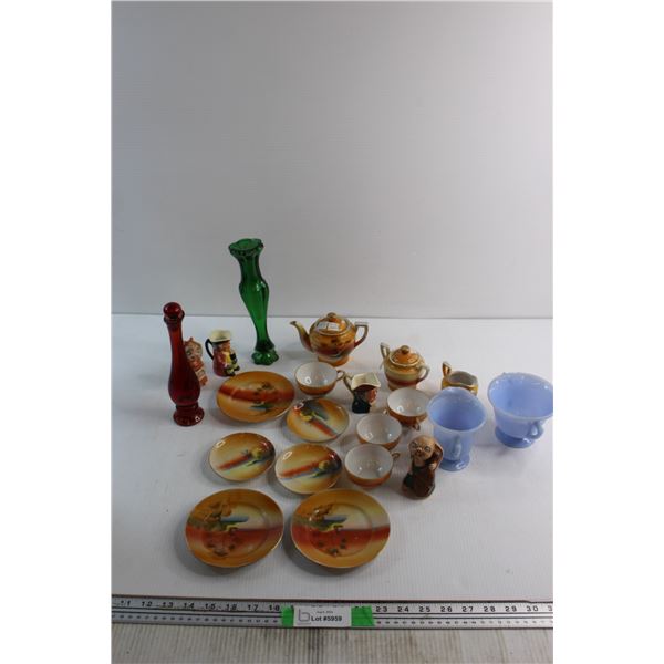 Blue Delphite Cream & Sugar with Japanese Tea Set and Assorted Items - Chipped