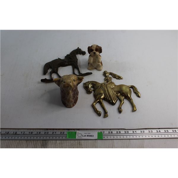 (2) Horse Wall Decorations, Cow Head and Puppy Figure