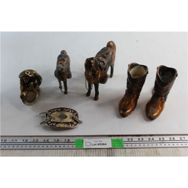 Gold Panning Figure, (2) Horse Figures and Misc.