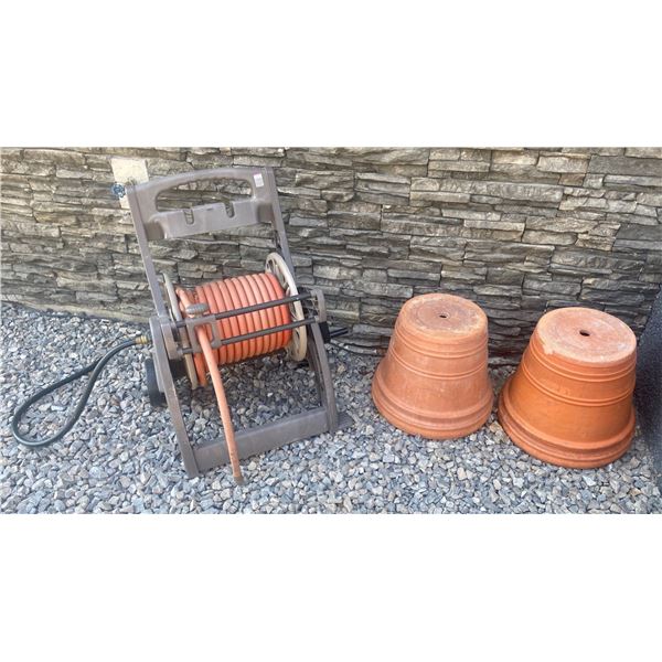 Portable Hose Reel w/ Wheels & 2 Large Terra Cotta Planters