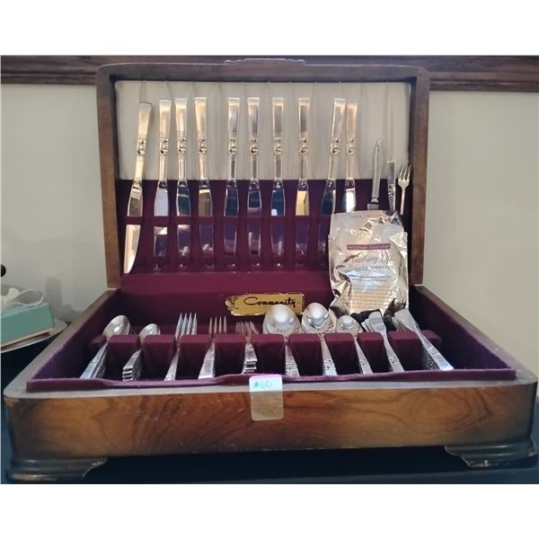 Vintage Cutlery/Utensils w/ Decorative Wood Storage Chest Community 8 place Settings