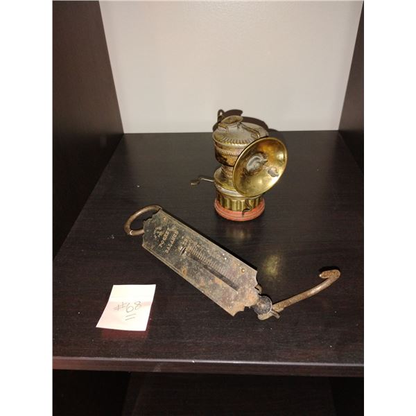 Antique Coal Miners Head Lamp & Luggage Scale
