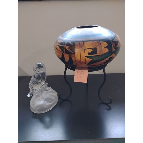 Ceramic Cultural Decor w/ Metal Stand & Crystal Bird Figurine