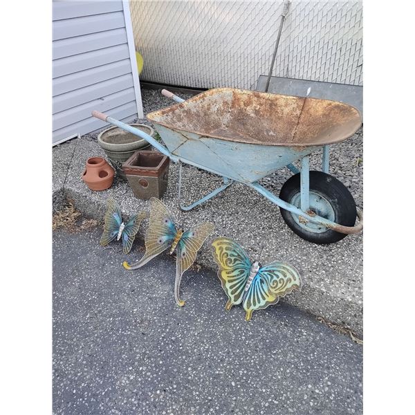 Antique Wheel Barrow w/ Assorted Yard Accessories