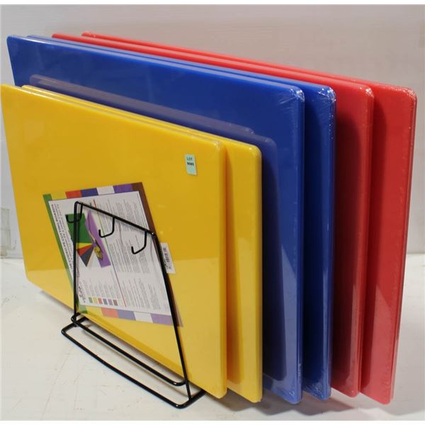 SET OF 6 MIXED COLOURED CUTTING BOARDS & RACK