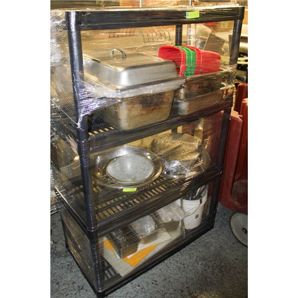 4 TIER BLACK RUBBERMAID SHELF W/ ASSORTED KITCHEN