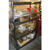 4 TIER BLACK RUBBERMAID SHELF W/ ASSORTED KITCHEN