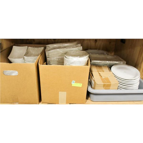 FULL SHELF FULL OF RESTARAUNT DISHWARE; PLATES,